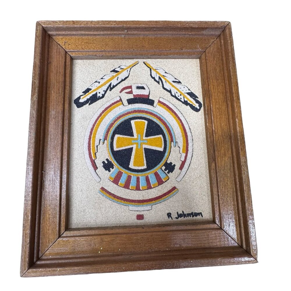 Handcrafted Zuni Thunderbird Sand Art Feathers Wood Frame Signed By R. Johnson